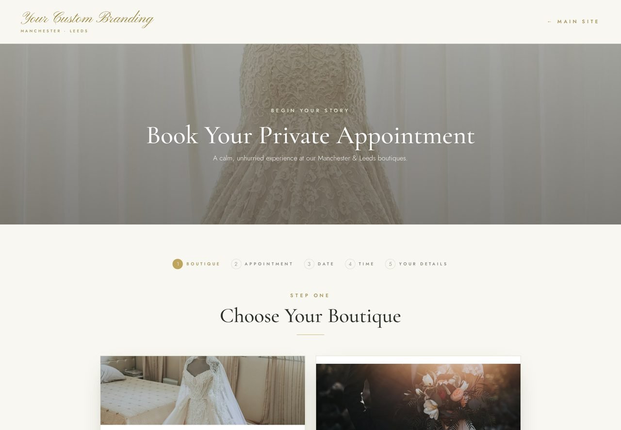 Bridal boutique online booking page — choose your boutique