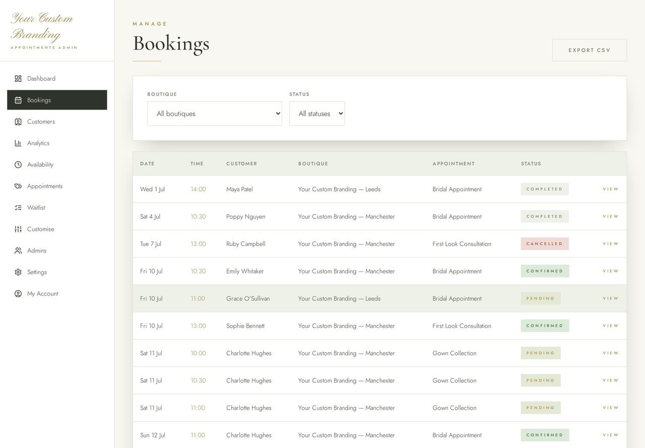 Bookings diary in the Ivory Digital staff control panel