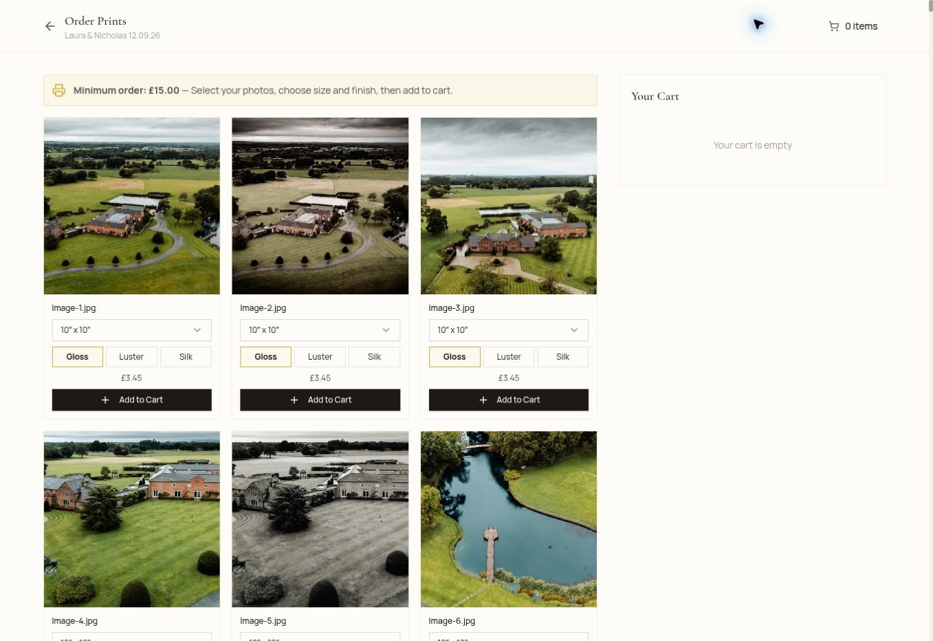 Print ordering options in the working gallery