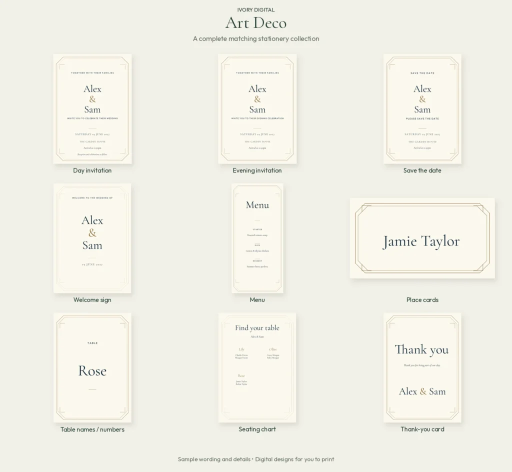 Art Deco matching wedding stationery: day and evening invitations, save the date, welcome sign, menu, place card, table name, seating chart and thank-you card.