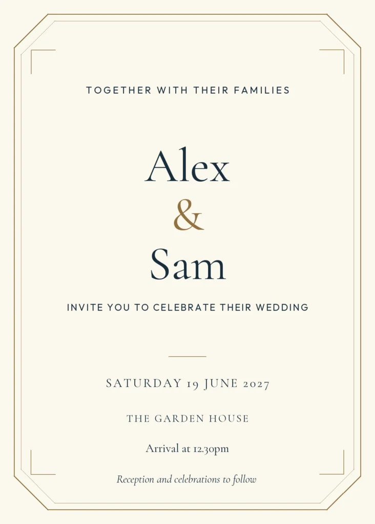 Art Deco wedding invitation design from Ivory Wedding Planner, shown with sample names and wedding details.