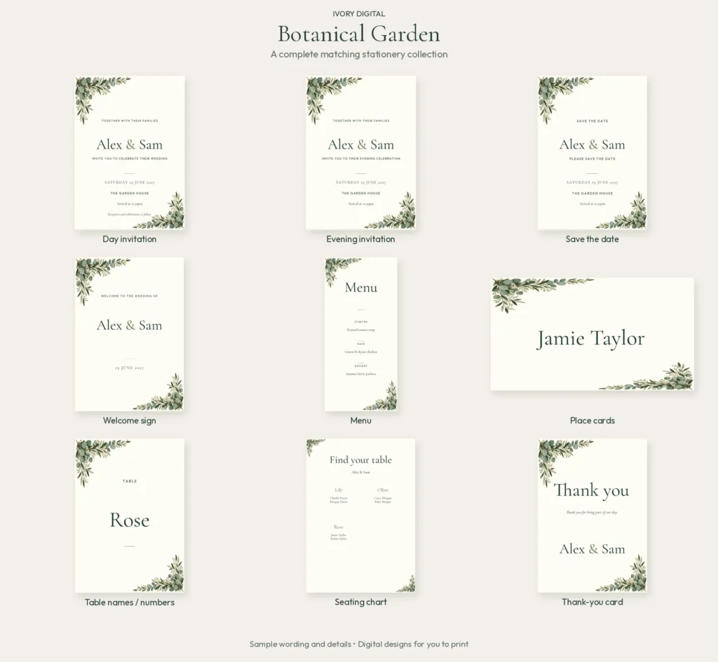 Botanical Garden matching wedding stationery: day and evening invitations, save the date, welcome sign, menu, place card, table name, seating chart and thank-you card.