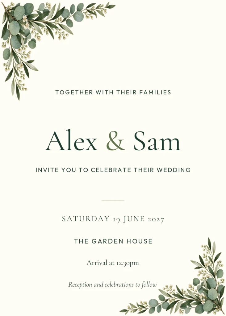 Botanical Garden wedding invitation design from Ivory Wedding Planner, shown with sample names and wedding details.