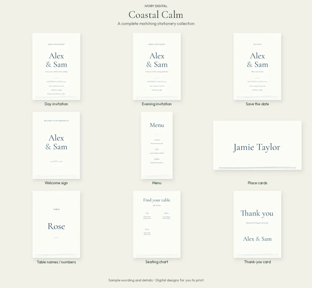 Coastal Calm matching wedding stationery: day and evening invitations, save the date, welcome sign, menu, place card, table name, seating chart and thank-you card.