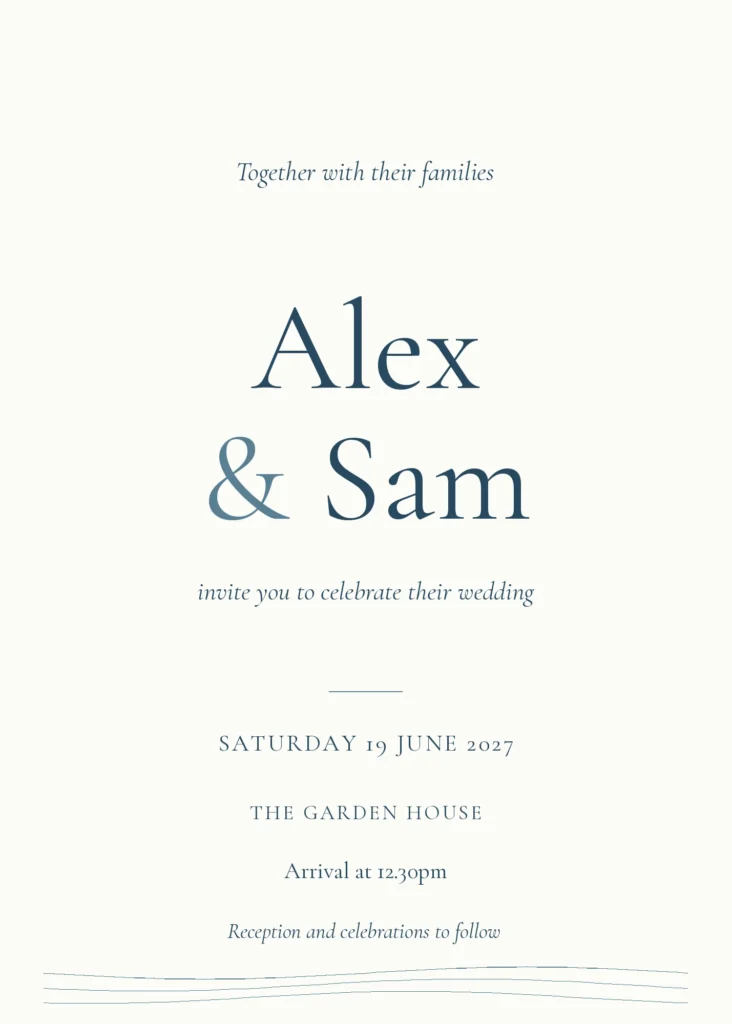 Coastal Calm wedding invitation design from Ivory Wedding Planner, shown with sample names and wedding details.