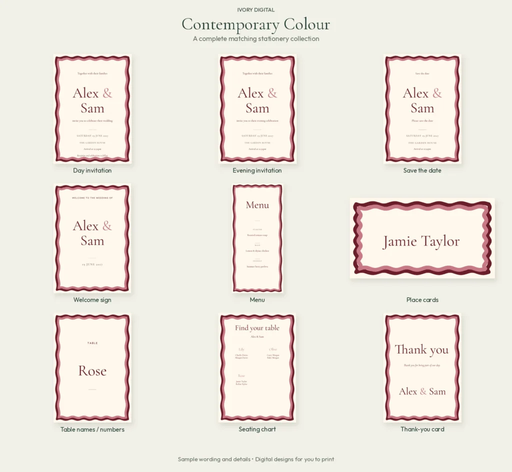 Contemporary Colour matching wedding stationery: day and evening invitations, save the date, welcome sign, menu, place card, table name, seating chart and thank-you card.