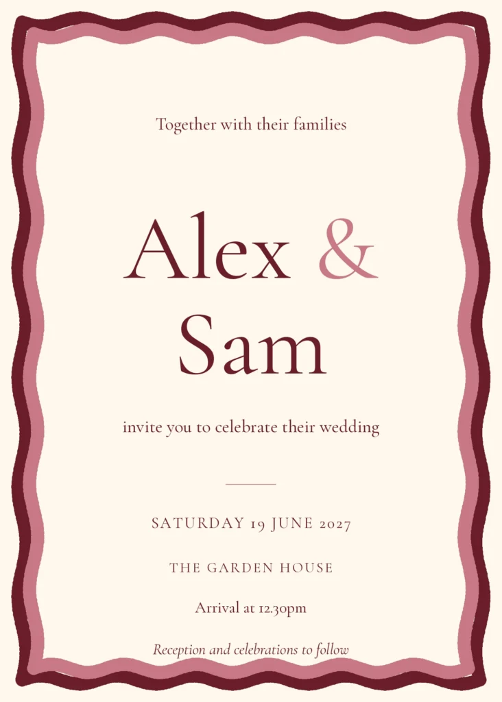 Contemporary Colour wedding invitation design from Ivory Wedding Planner, shown with sample names and wedding details.