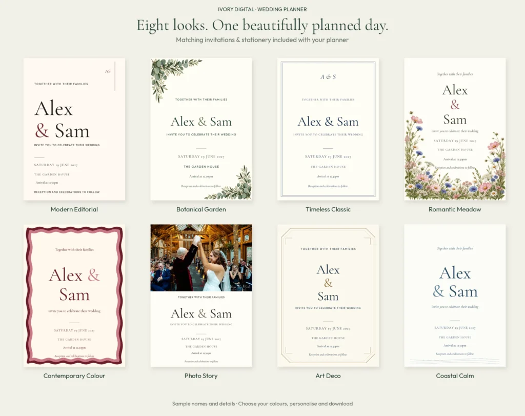 Eight Ivory Wedding Planner invitation collections: Modern Editorial, Botanical Garden, Timeless Classic, Romantic Meadow, Contemporary Colour, Photo Story, Art Deco and Coastal Calm.