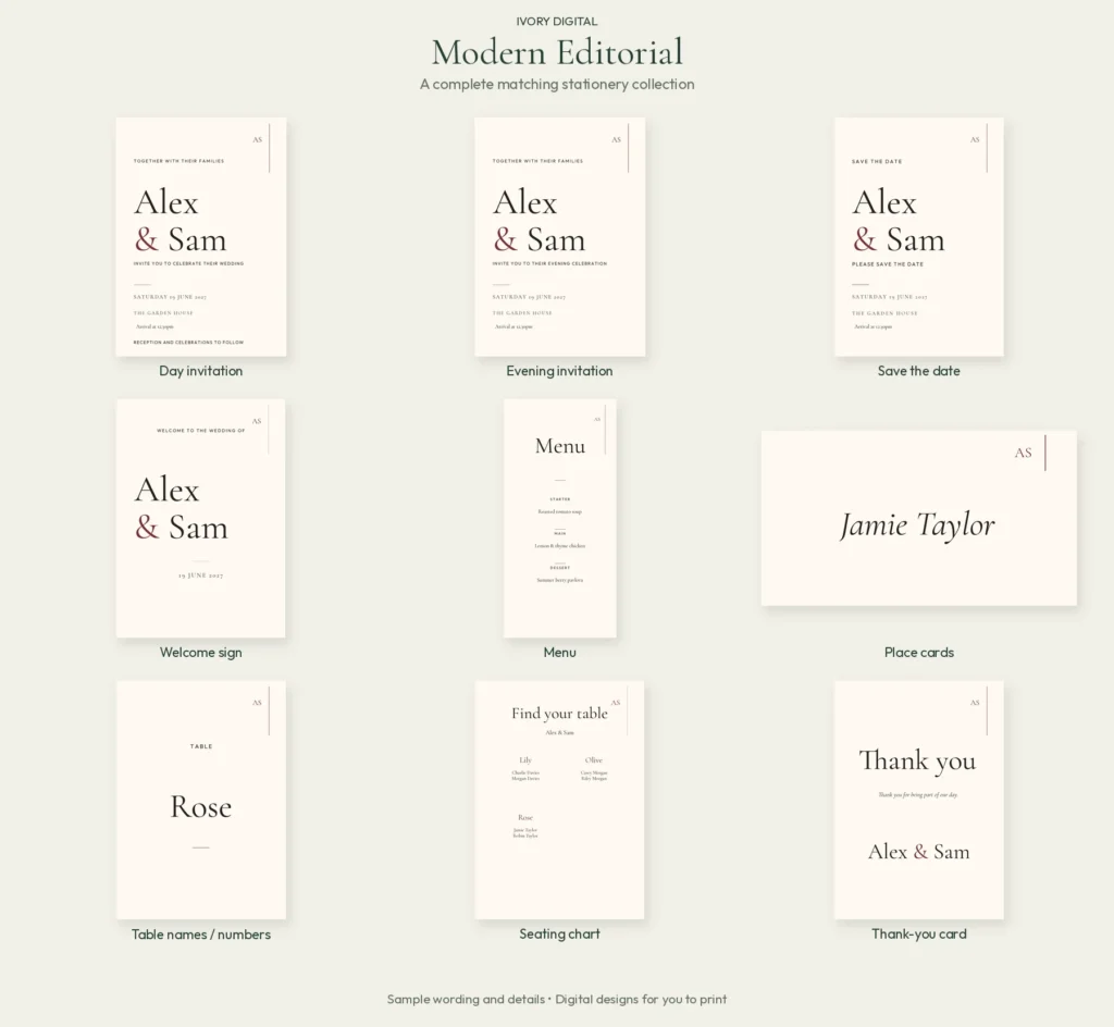 Modern Editorial matching wedding stationery: day and evening invitations, save the date, welcome sign, menu, place card, table name, seating chart and thank-you card.