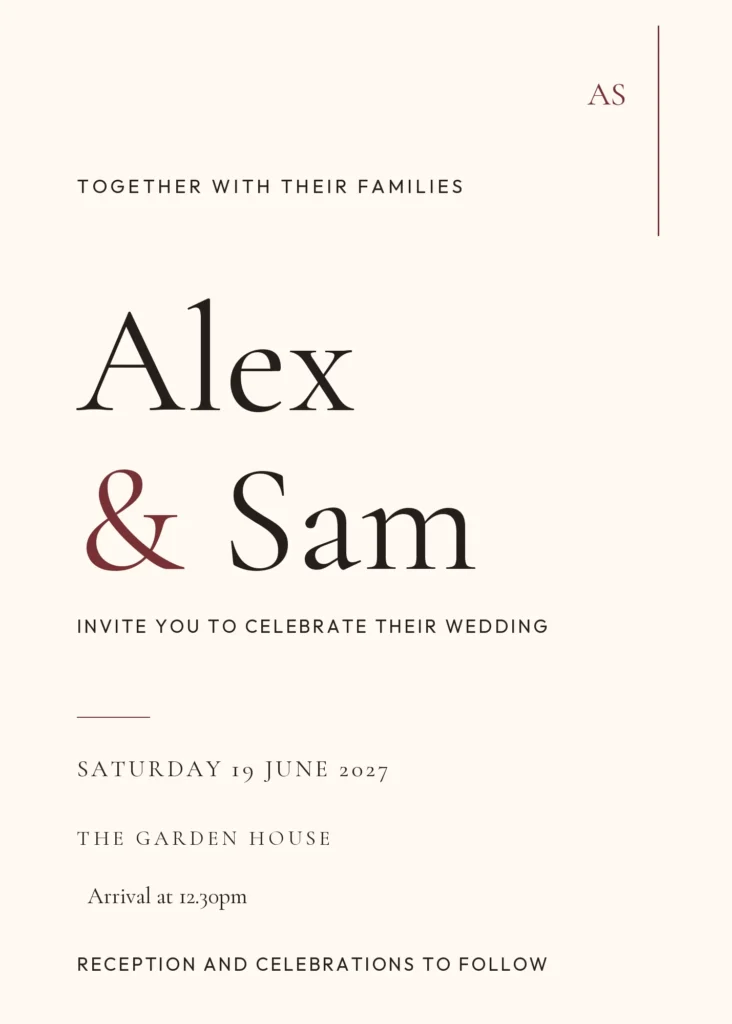 Modern Editorial wedding invitation design from Ivory Wedding Planner, shown with sample names and wedding details.