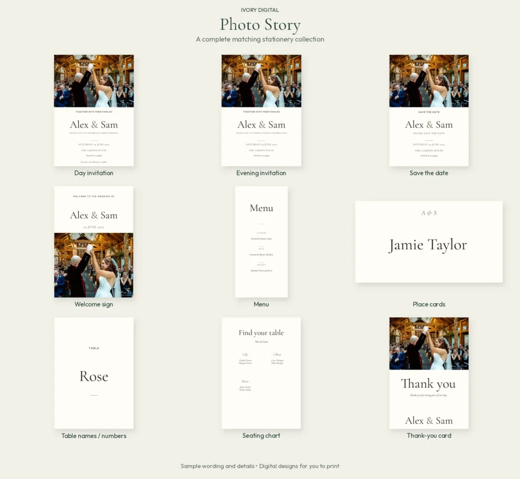 Photo Story matching wedding stationery: day and evening invitations, save the date, welcome sign, menu, place card, table name, seating chart and thank-you card.