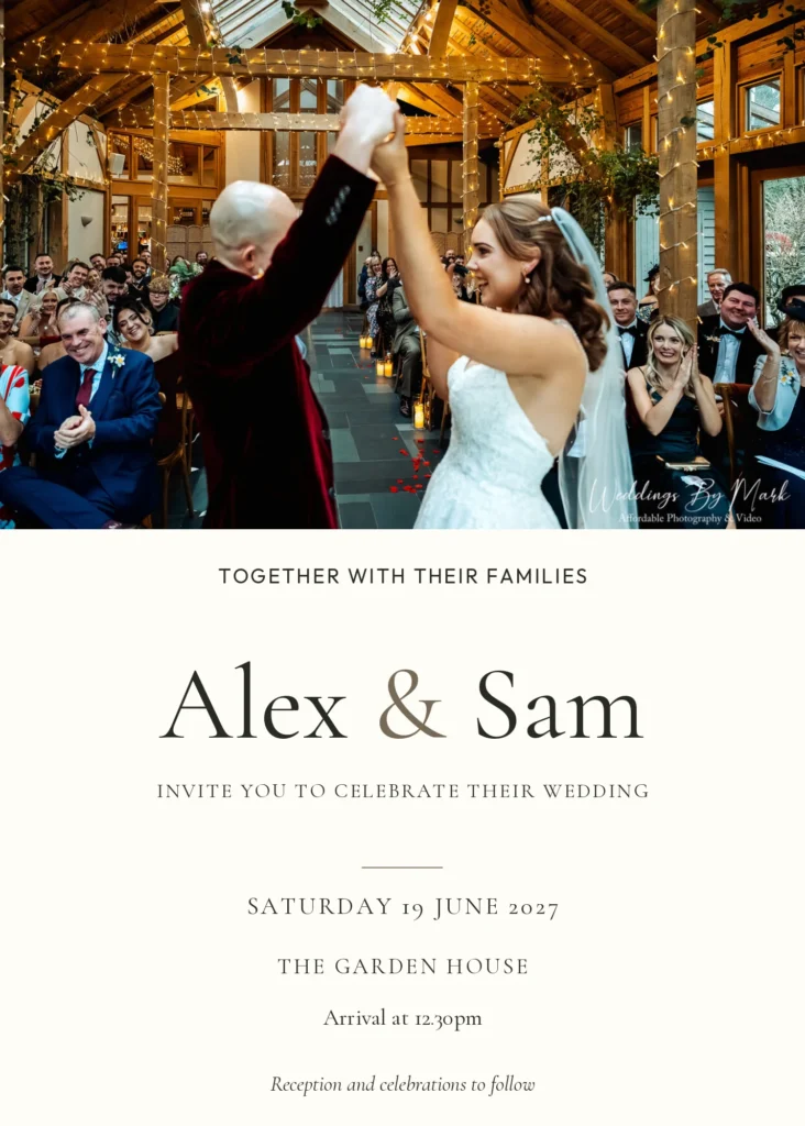 Photo Story wedding invitation design from Ivory Wedding Planner, shown with sample names and wedding details.