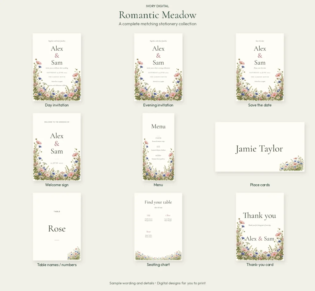 Romantic Meadow matching wedding stationery: day and evening invitations, save the date, welcome sign, menu, place card, table name, seating chart and thank-you card.
