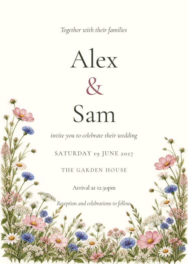 Romantic Meadow wedding invitation design from Ivory Wedding Planner, shown with sample names and wedding details.