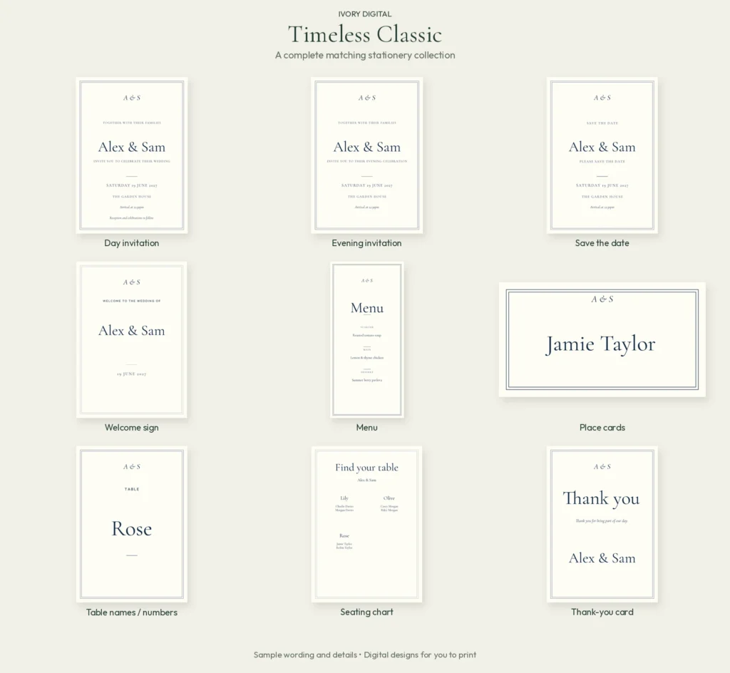 Timeless Classic matching wedding stationery: day and evening invitations, save the date, welcome sign, menu, place card, table name, seating chart and thank-you card.